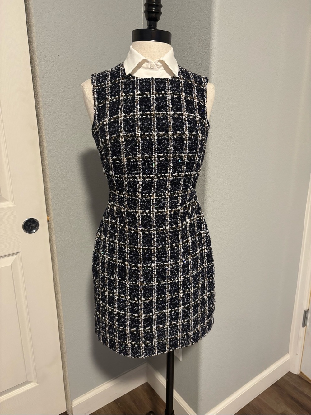 Eliza J Navy and White Tweed Mini Sheath Dress